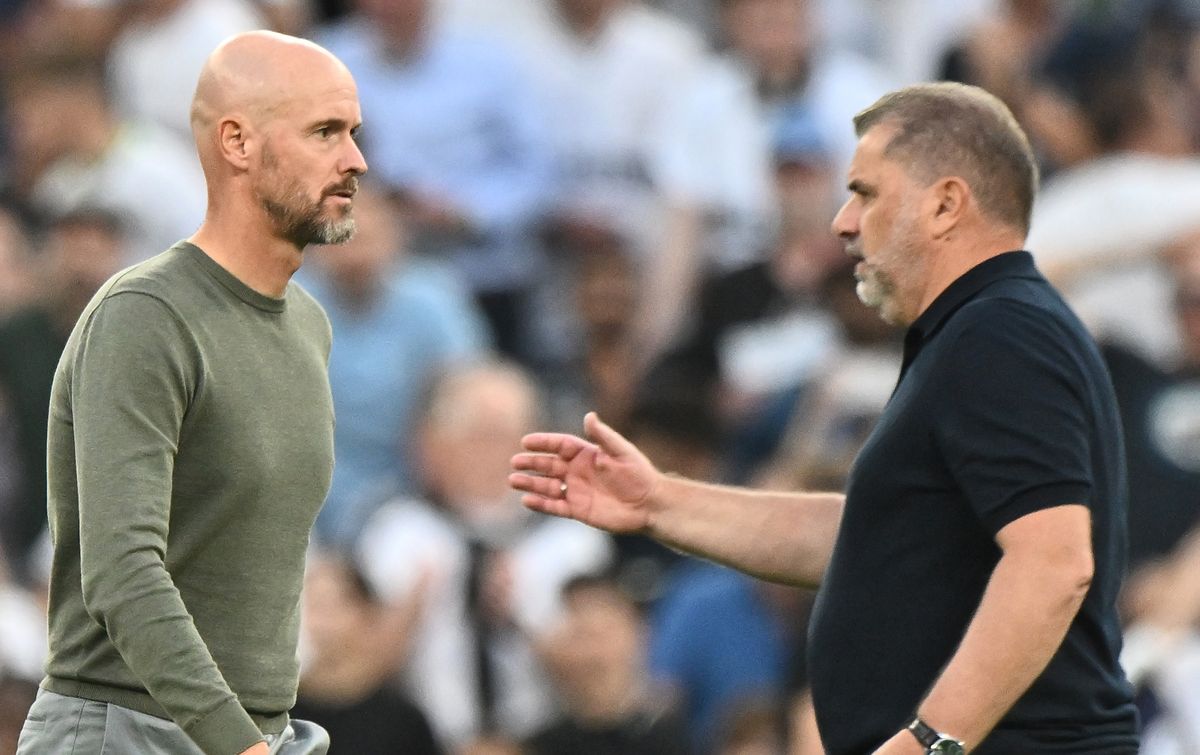 Tottenham Hotspur and Manchester United managers Erik ten Hag and Ange Postecoglou during the Premier League match between Tottenham Hotspur and Manchester United at Tottenham Hotspur Stadium on August 19, 2023 in London, England.