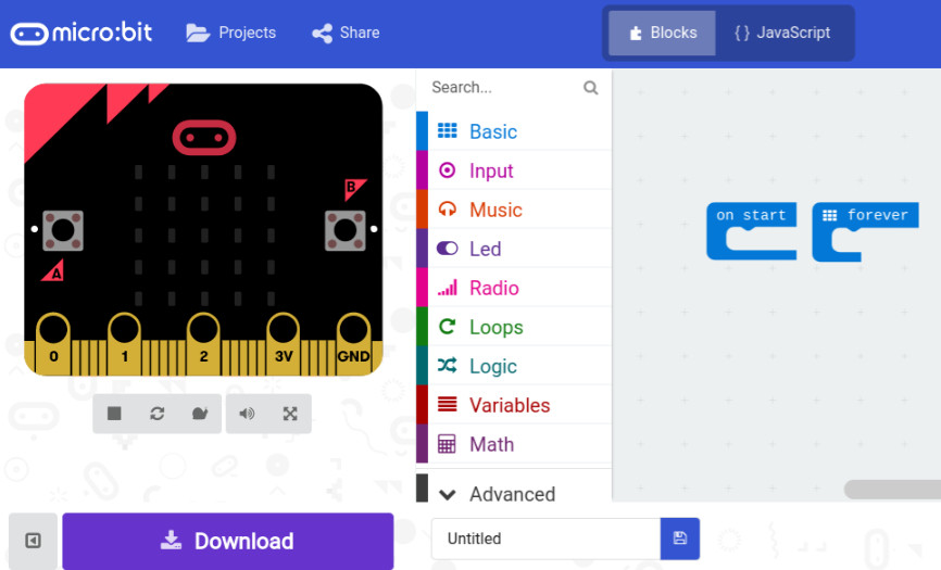 Screenshot of Micro:bit showing coding platform