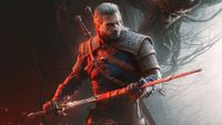 Geralt drawing his sword in The Witcher 3: Wild Hunt - Songs of the Past key art