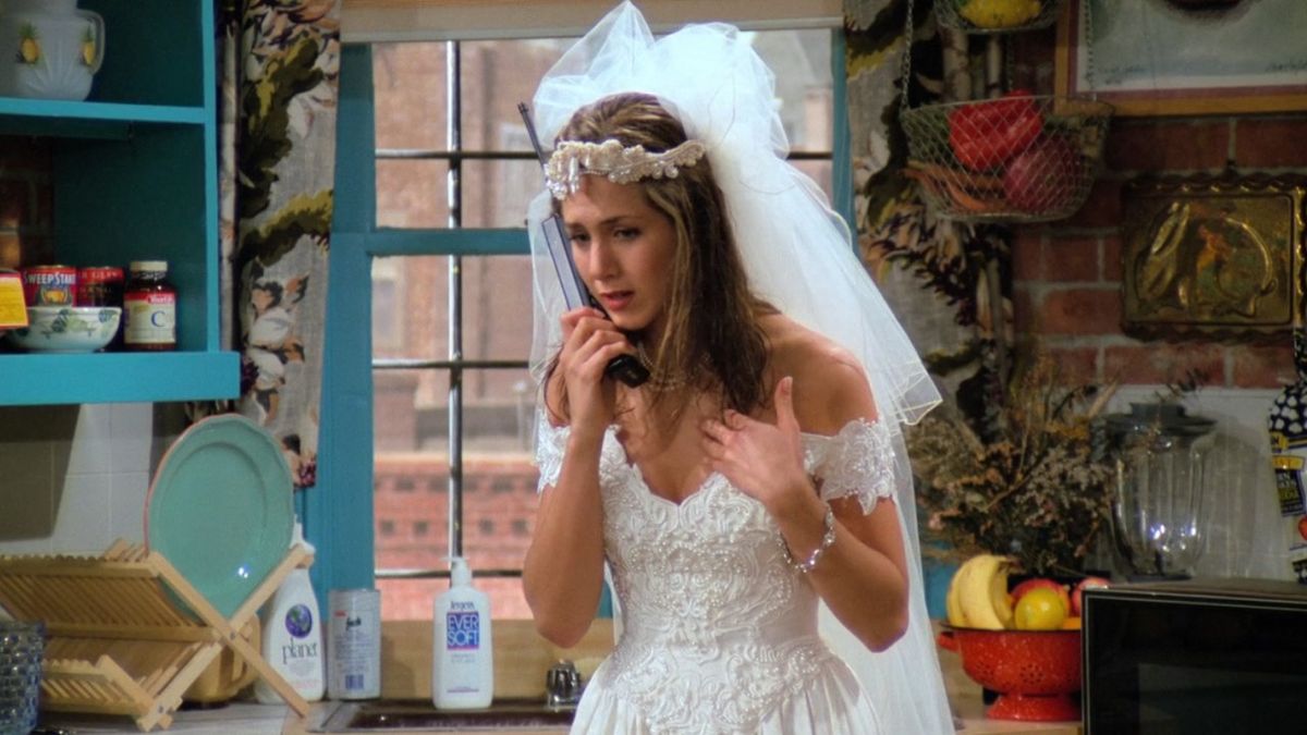 Jennifer Aniston as Rachel Green in a wedding dress on Friends.