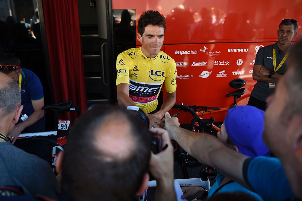 Greg Van Avermaet (BMC) meets fans outside team bus at Tour de France