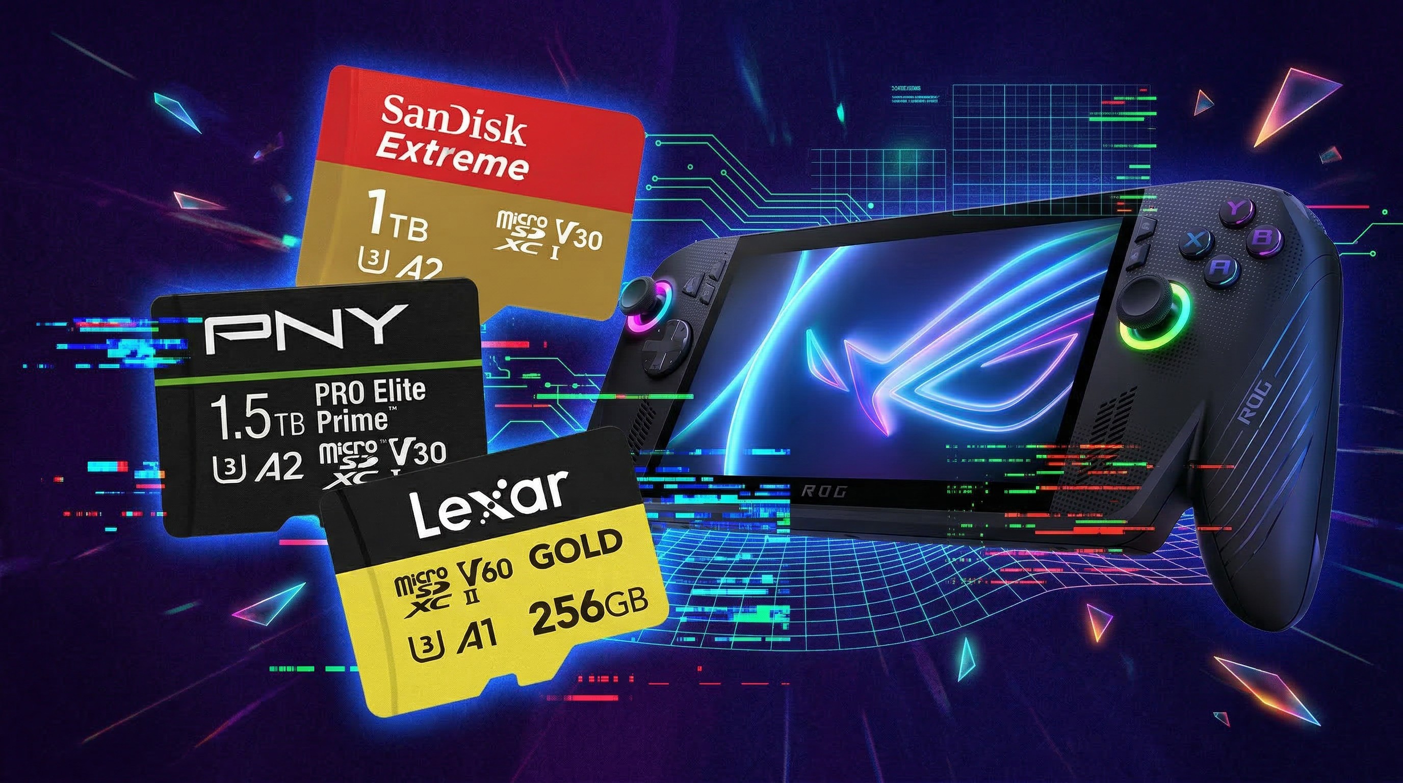 AI-Generated image of the Xbox Ally X along with a few microSD cards visuallized.