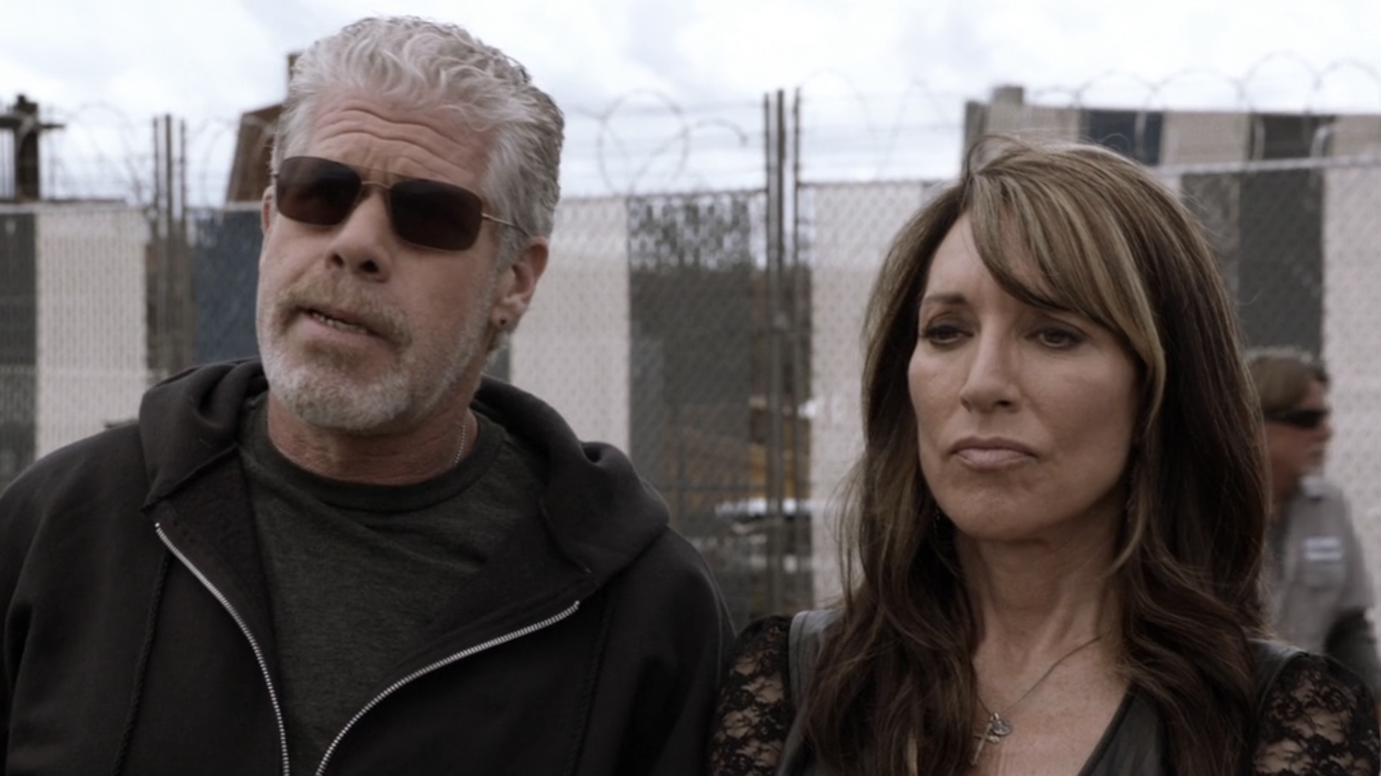 Clay and Gemma standing outside biker bar in Sons of Anarchy
