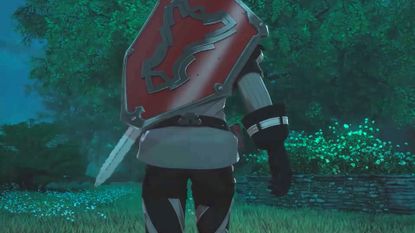 The back of an anime-style character wearing a sword and shield