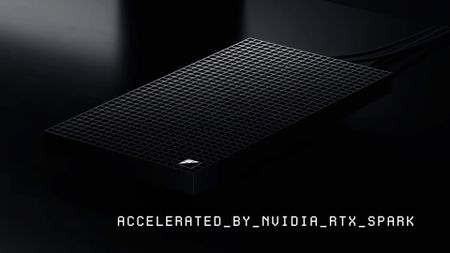 Renders of the Microsoft Surface RTX Spark Dev Box showing the design, the Microsoft logo, and dual monitors performing different tasks. 