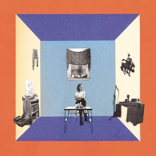 Hand Habits' Wildly Idle (Humble Before The Void) album cover cuts out the singer and her home furniture, photographed in black and white, and puts them in a colourful cube