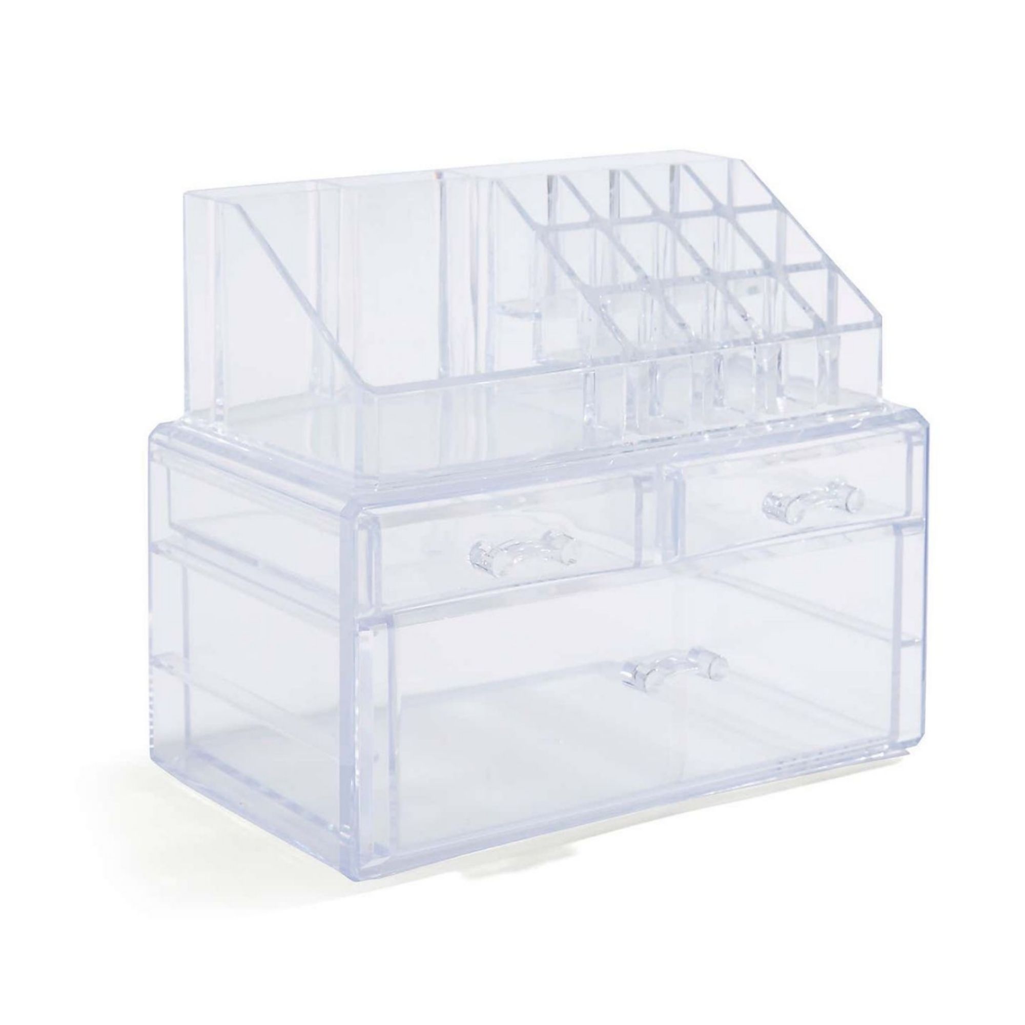 Clear plastic makeup organiser with drawers and compartments