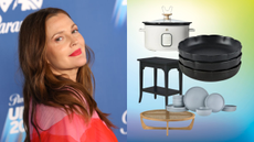 a collage of drew barrymore and items from her home line for walmart