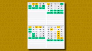 Quordle Daily Sequence answers for game 1131 on a yellow background