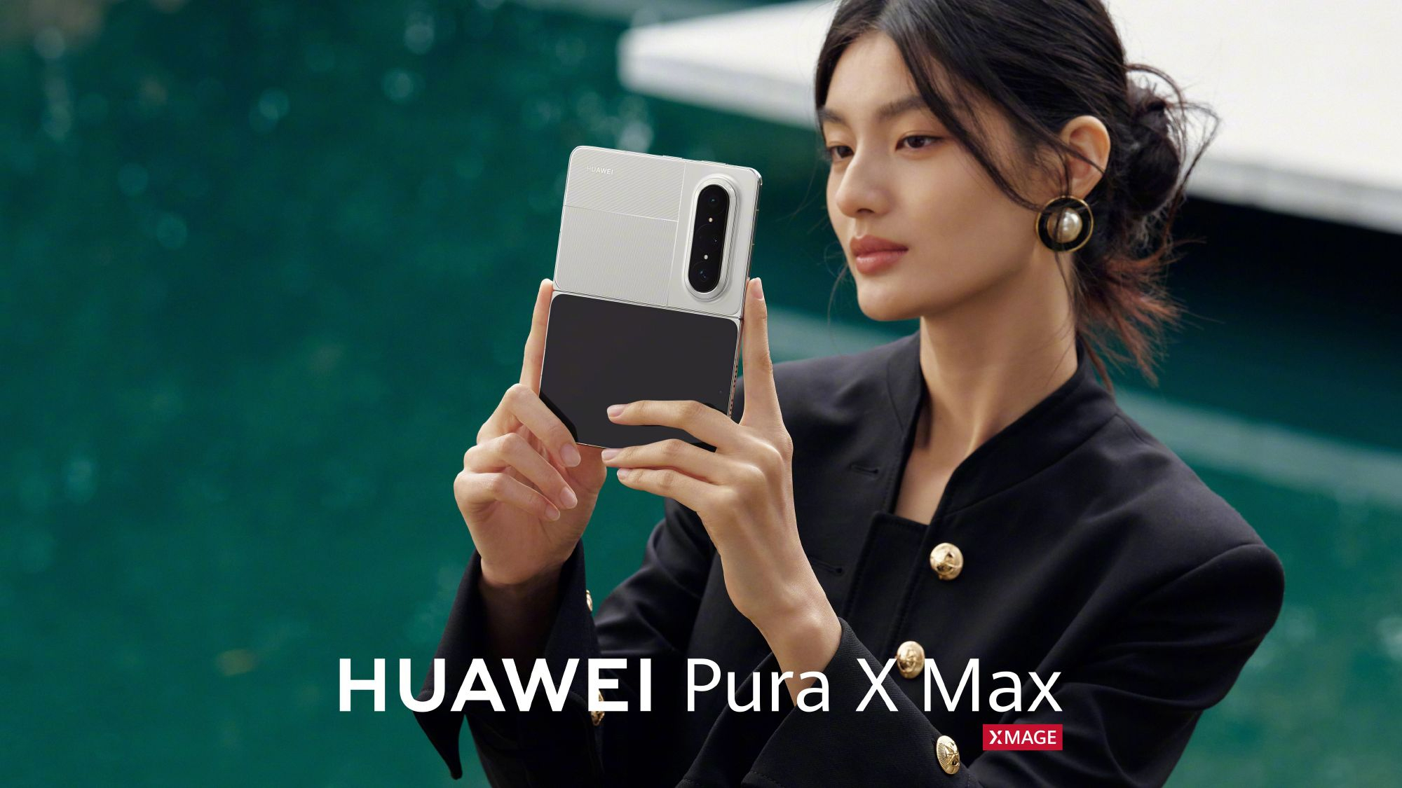 A woman looking at a white Huawei Pura X Max in hand