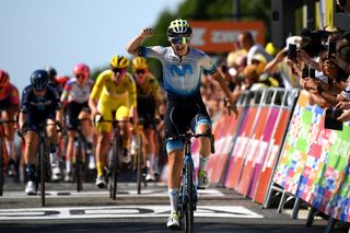 BLAGNAC FRANCE JULY 28 Emma Norsgaard of Denmark and Movistar Team celebrates at finish line as stage winner during the 2nd Tour de France Femmes 2023 Stage 6 a 1221km stage from Albi to Blagnac UCIWWT on July 28 2023 in Blagnac France Photo by Alex BroadwayGetty Images
