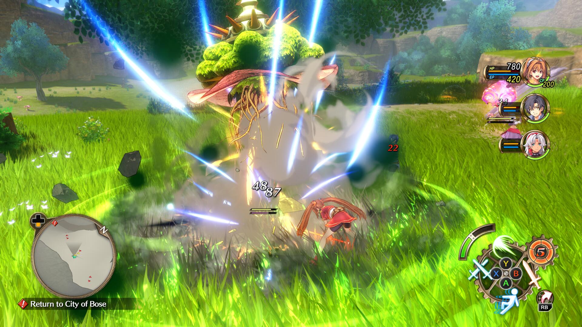 Estelle smashes her staff into the ground in Trails in the Sky 1st Chapter to attack a floating plant jellyfish monster