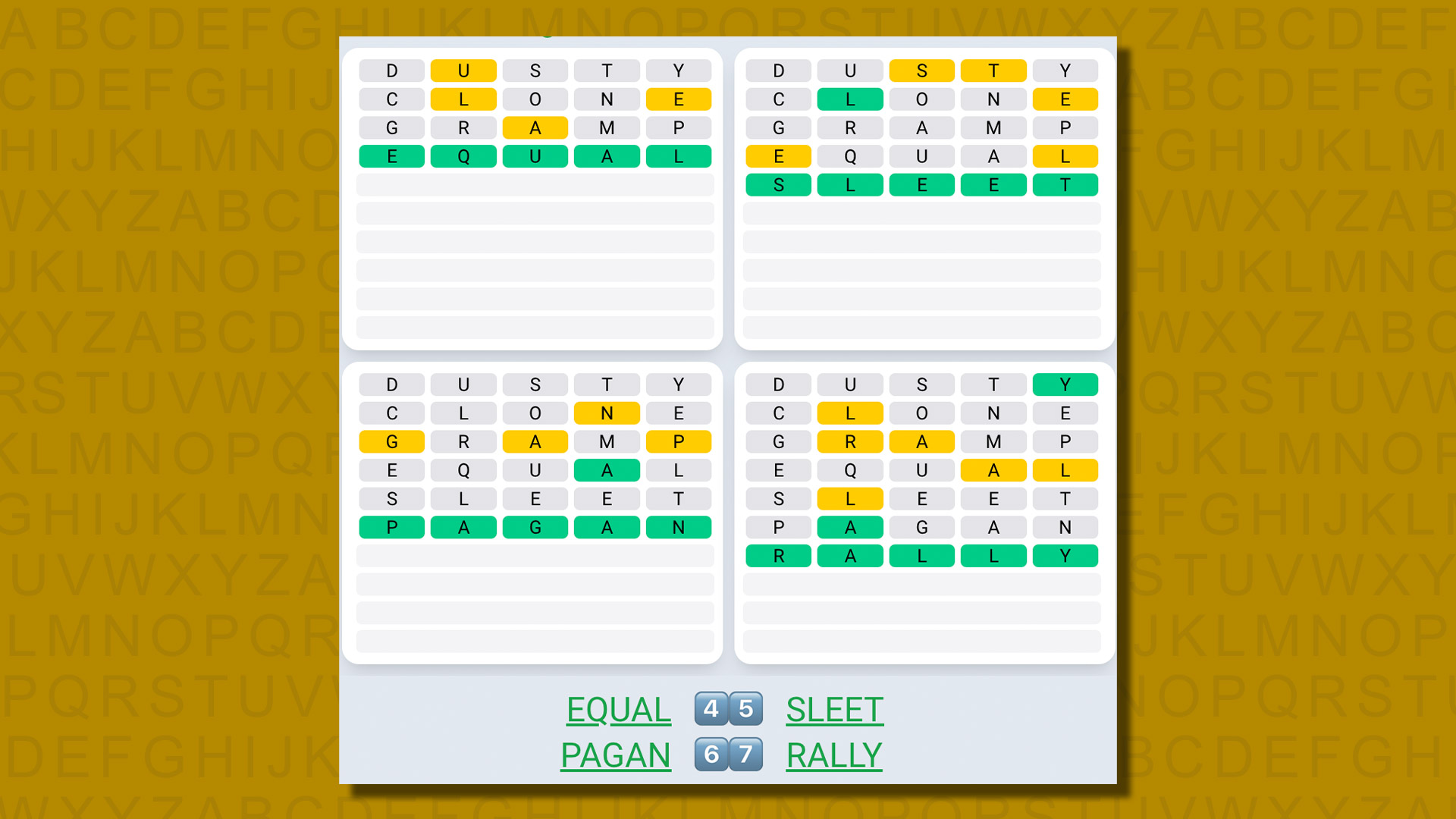 Quordle Daily Sequence answers for game 566 on a yellow background