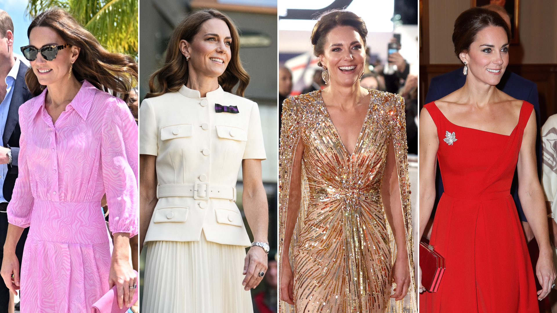 Princess Kate is considered a fashion icon, she is a woman with long brown hair, pictured wearing a pink dress, a white dress, a gold dress, and a red dress