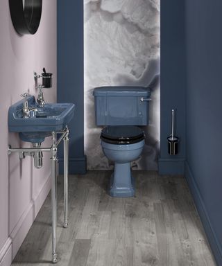 Blue bathroom suite with blue toilet and matching basin