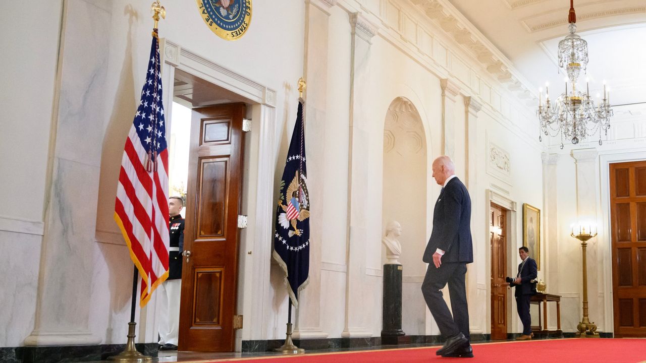 President Joe Biden departs after delivering remarks on the Supreme Court&#039;s immunity ruling at the White House