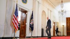 President Joe Biden departs after delivering remarks on the Supreme Court's immunity ruling at the White House