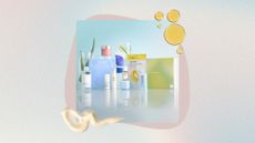 Image of Lookfantastic K Beauty Edit on a pastel watercolour background with pink circle detail, plus swatches of creams and oils