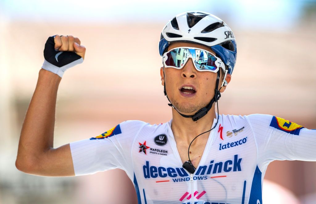 SOGLIANO AL RUBICONE ITALY SEPTEMBER 02 Arrival Andrea Bagioli of Italy and Team Deceuninck QuickStep Celebration during the 35th Settimana Internazionale Coppi e Bartali 2020 Stage 2 a 1665km stage from Riccione to Sogliano Al Rubicone 382m gsemilia CoppieBartali on September 02 2020 in Sogliano Al Rubicone Italy Photo by Justin SetterfieldGetty Images