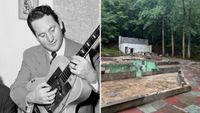 Les Paul playing guitar and the Les Paul home destroyed