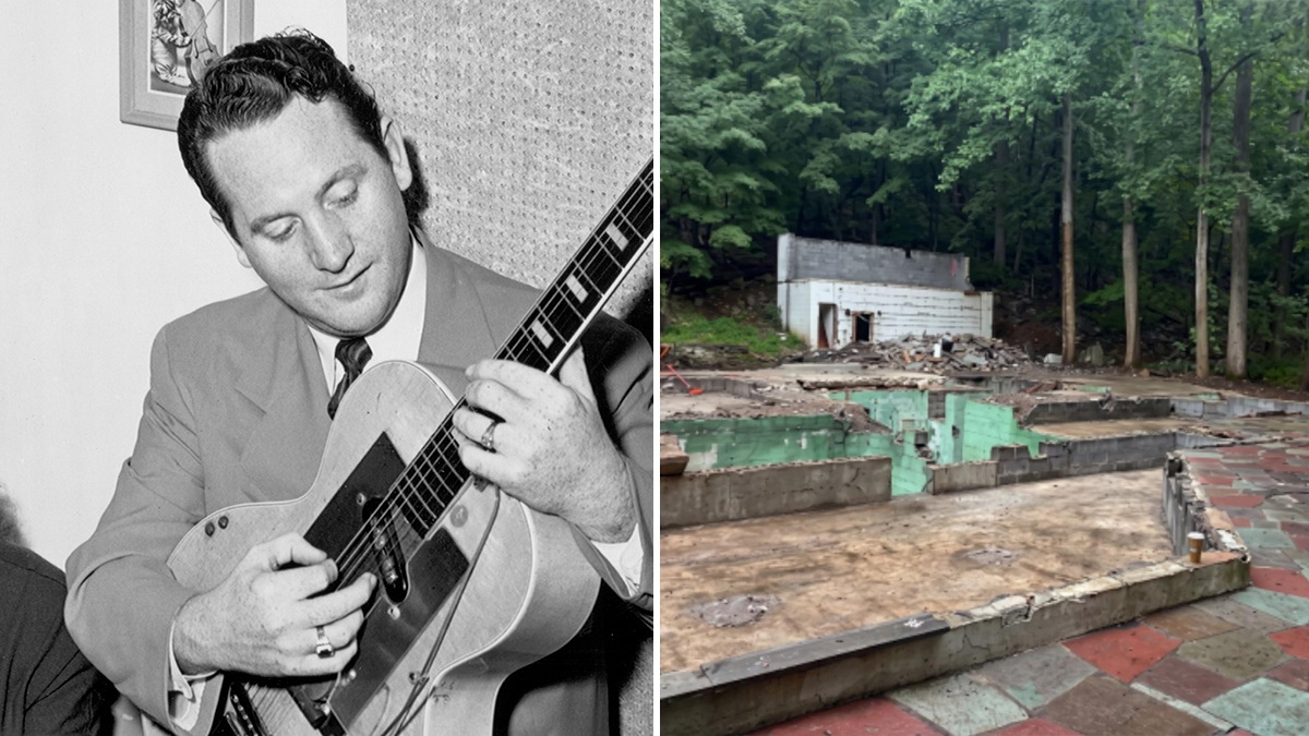 Les Paul playing guitar and the Les Paul home destroyed