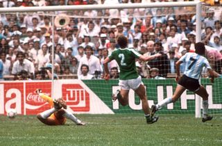 Argentina midfielder jorge Burruchaga scores the winning goal against West Germany in the 1986 World Cup final.