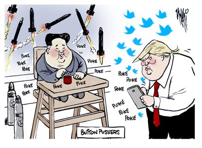 Political cartoon U.S. Trump tweets Kim Jong-Un North Korea nuclear weapons