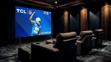 TCL QM89 TV in room with home theater seating