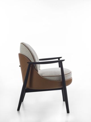 Milan Design Week Porada Ginkgo accent chair in wood, leather and grey seat