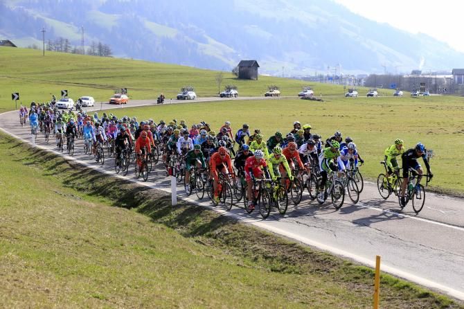 The bunch on Stage 2 at the Giro del Trentino which begun in Austria