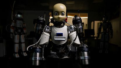 This photograph taken on June 10, 2025 shows the iRonCub3 the world's first jet-powered flying humanoid robot, developed by the Italian Institute of Technology (IIT) in the laboratory at the headquarter in Genoa, northern Italy.