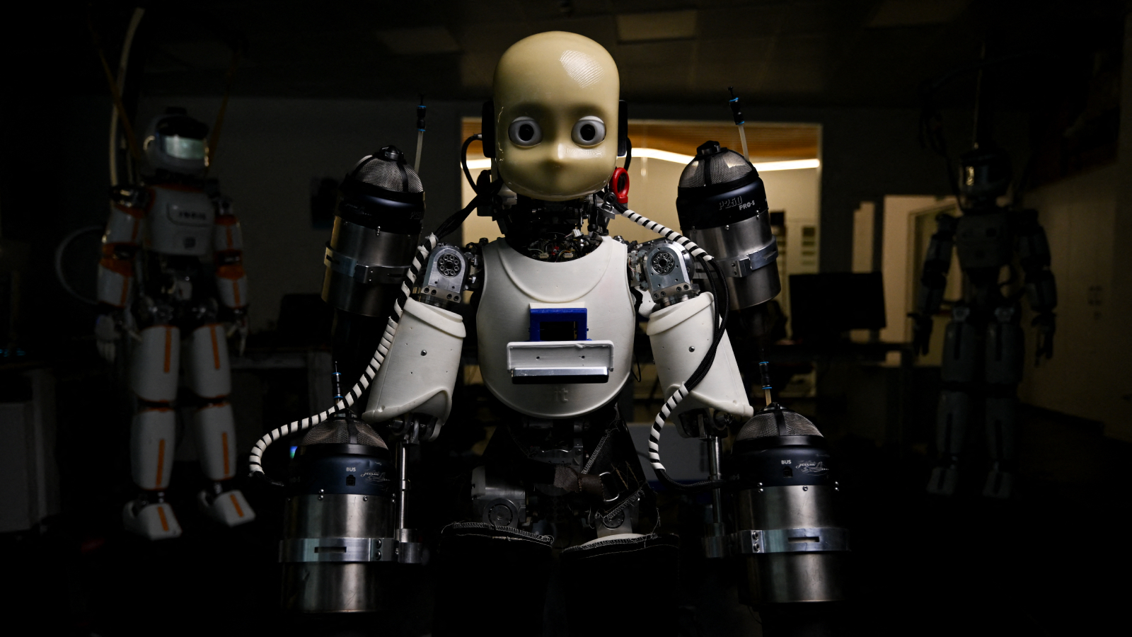 This photograph taken on June 10, 2025 shows the iRonCub3 the world's first jet-powered flying humanoid robot, developed by the Italian Institute of Technology (IIT) in the laboratory at the headquarter in Genoa, northern Italy.