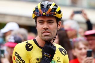 Team Jumbos Dutch rider Tom Dumoulin prepares to take the start of the third stage of the Giro dItalia 2022 cycling race 201 kilometers between Kaposvar and Balatonfured Hungary on May 8 2022 Photo by Luca Bettini AFP Photo by LUCA BETTINIAFP via Getty Images