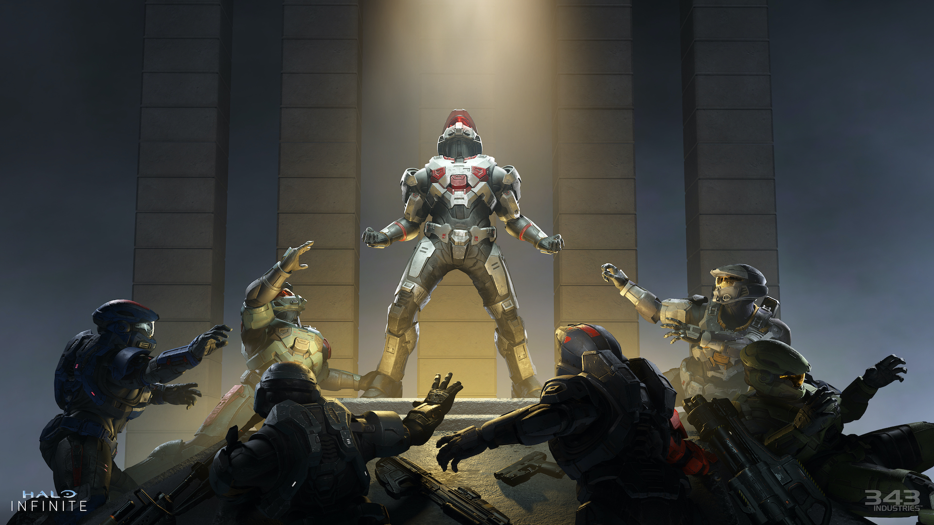 A Spartan stands, looking up into glowing light while others reach out to them