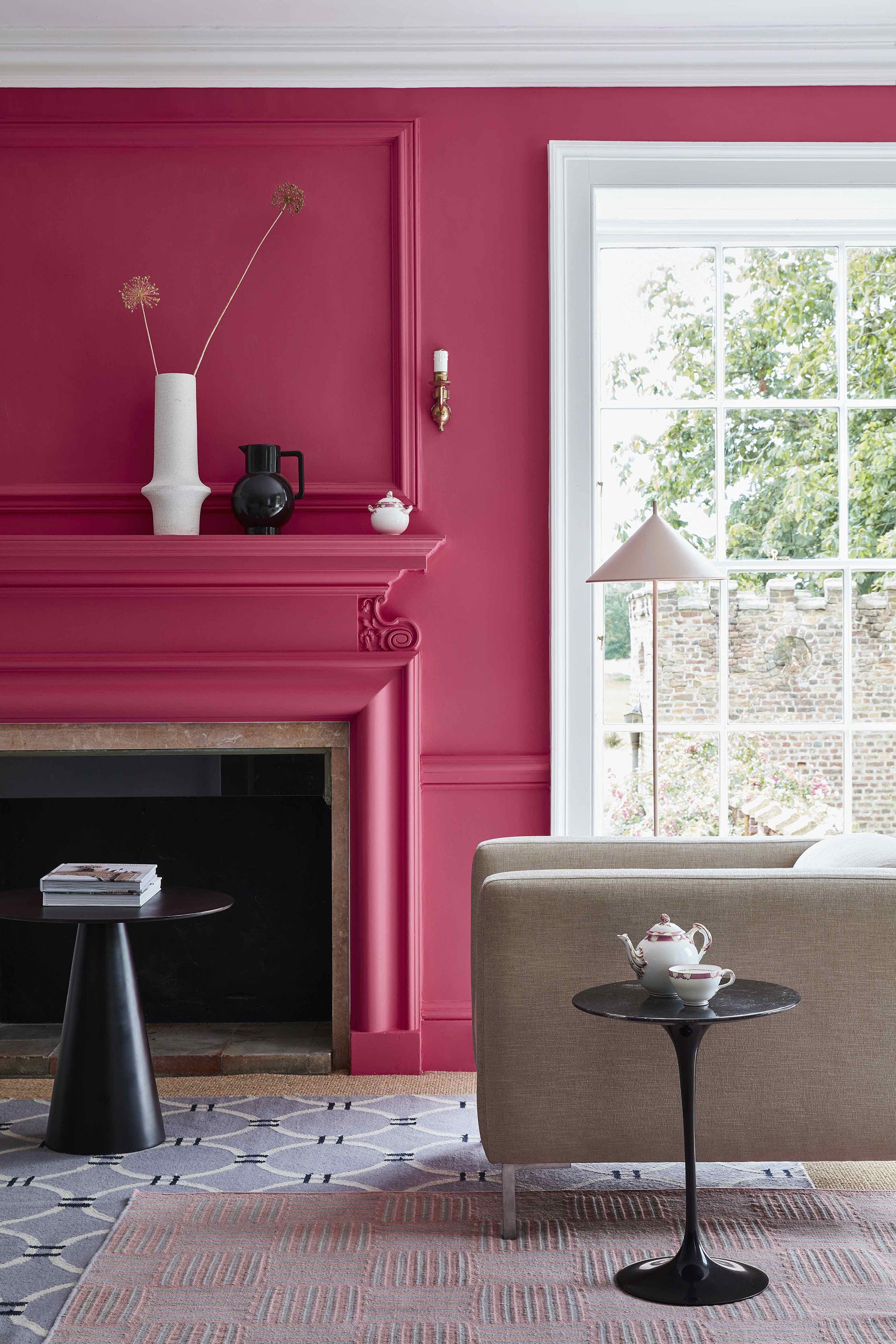Pink living room accent wall