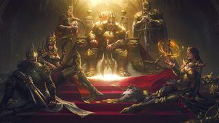 A Diablo Immortal player sits atop a throne while surrounded by their clan