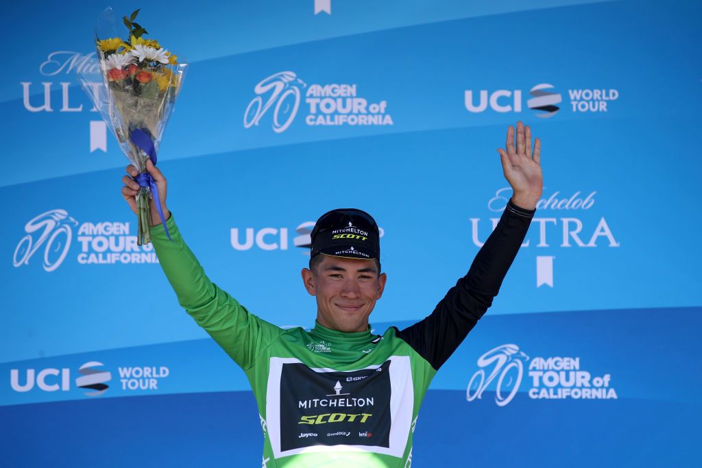 Mitchelton-Scott's Caleb Ewan holds the green sprints jersey after stage 5 of the 2018 Tour of California