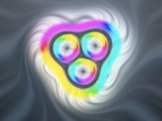This image comes from a computer simulation of a skyrmion bag containing three skyrmions. White represents magnetic field lines pointing up, black represents lines pointing down, and other colors represent other directions.