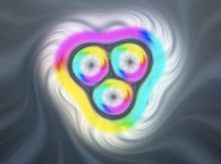 This image comes from a computer simulation of a skyrmion bag containing three skyrmions. White represents magnetic field lines pointing up, black represents lines pointing down, and other colors represent other directions.