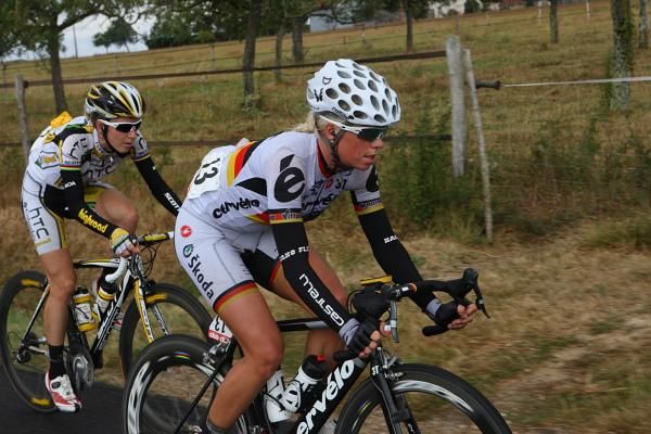 Charlotte Becker (Cervelo Test Team) and Judith Arndt (HTC - Columbia Women) were invloved in a crash but both remounted and continued.