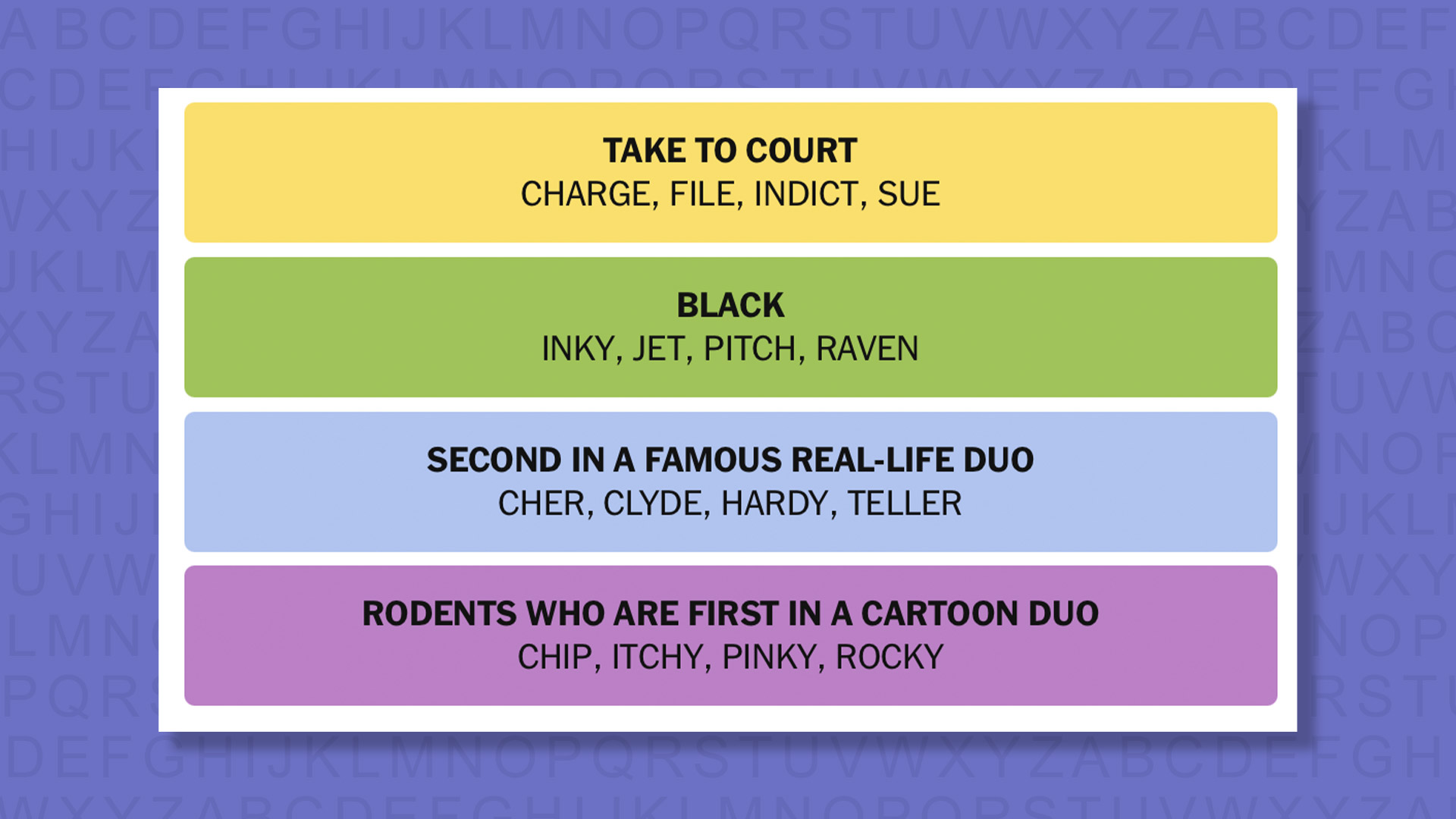 NYT Connections answers for game 874 on a purple background