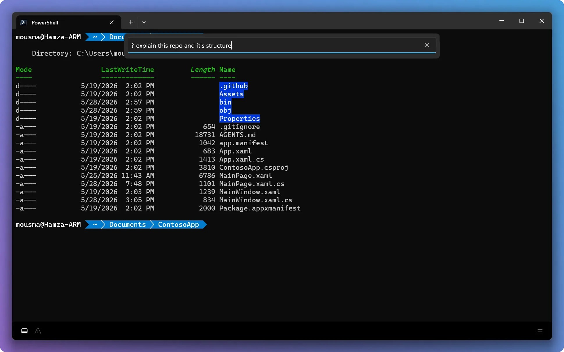 A screenshot of Microsoft Intelligent Terminal using Command Palette to ask questions about the current session to trigger a response from an AI agent.