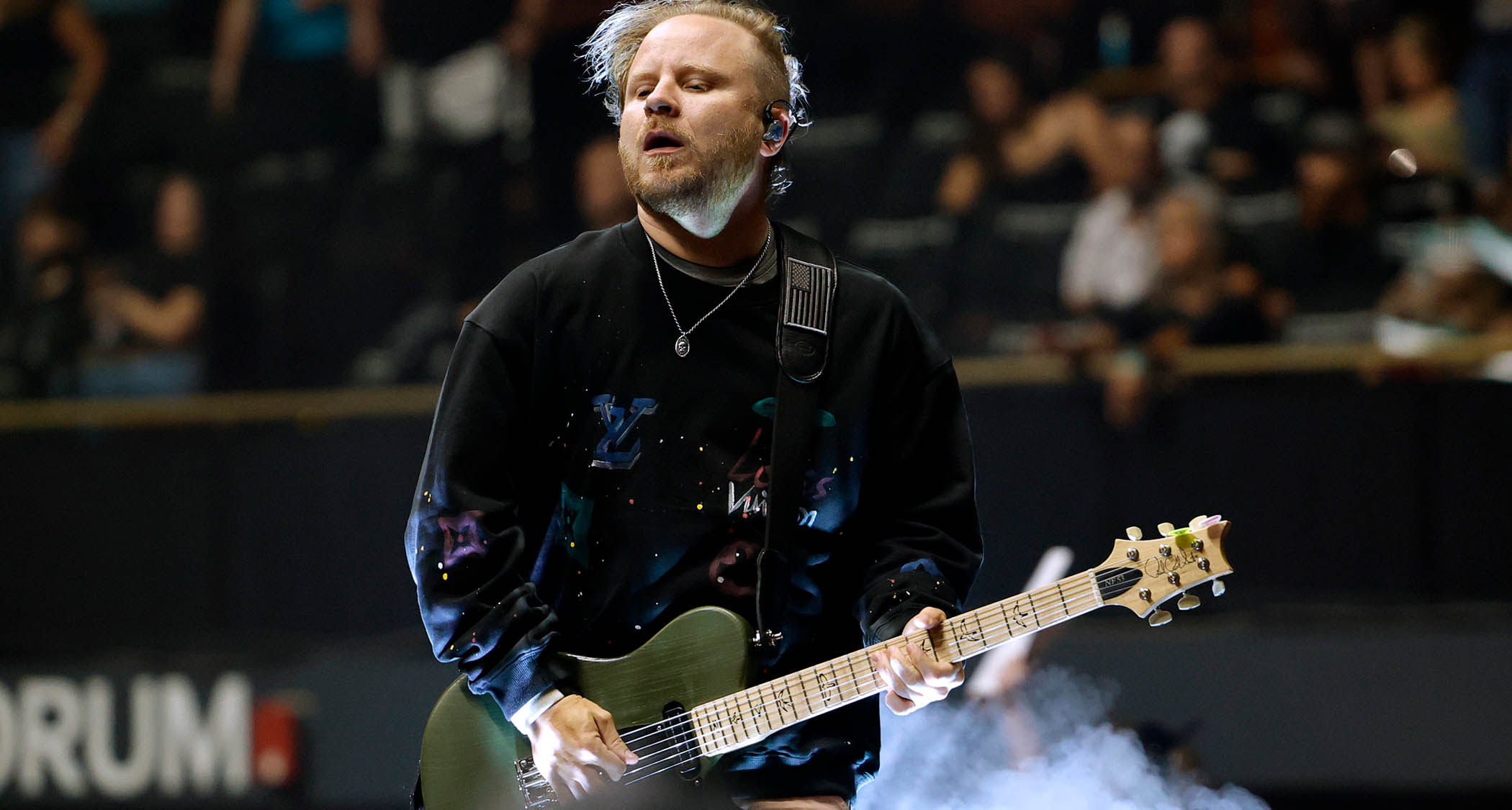 Zach Myers of Shinedown plays a hunter green PRS NF53 T-style electric guitar live at the KIA Forum in 2025.