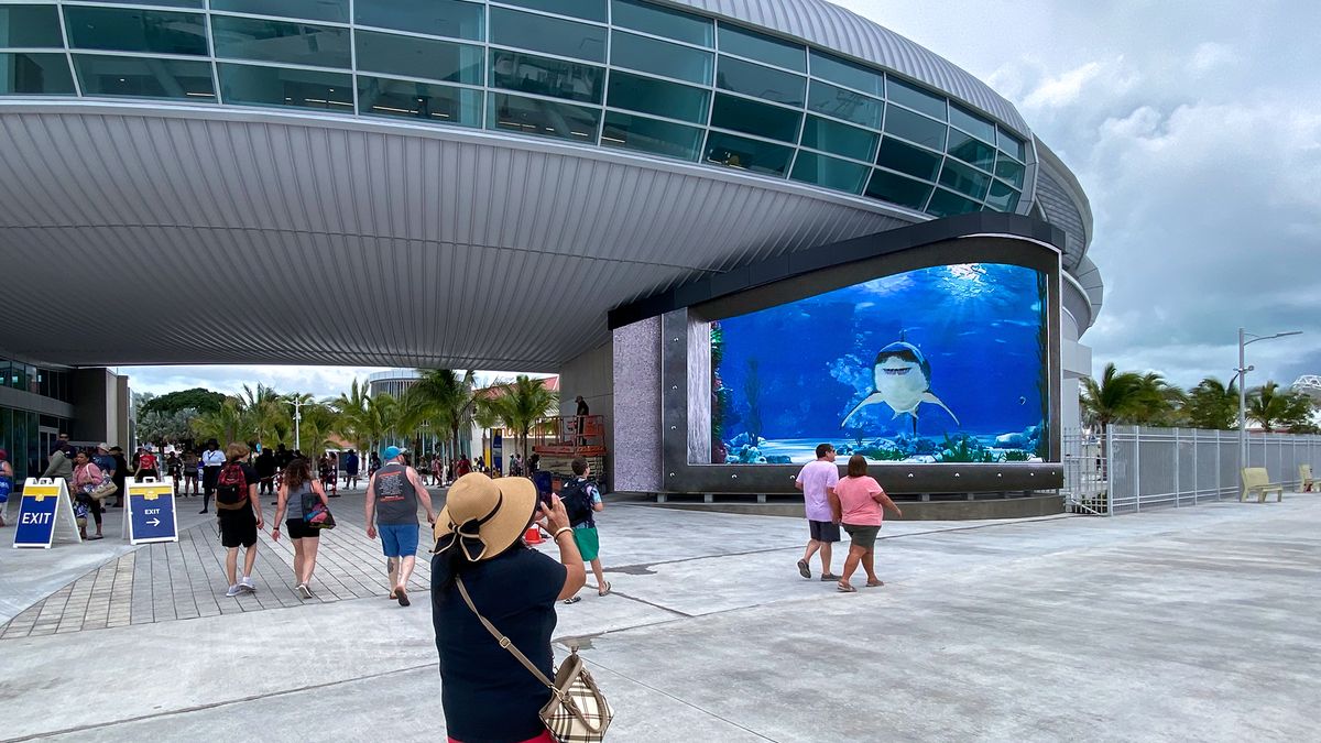 SNA Displays LED screen stops visitors in their tracks with a 3D shark coming right at them. 