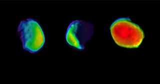 Images of Mars' moon Phobos taken by NASA's Mars Odyssey spacecraft show heat building up on the surface as the moon becomes full. The warmest parts in the right-most image are about 80 degrees Fahrenheit (27 degrees Celsius).