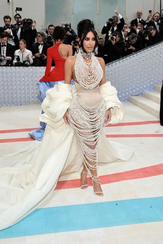 Kim Kardashian opts for pearls on the Met Gala red carpet 2023