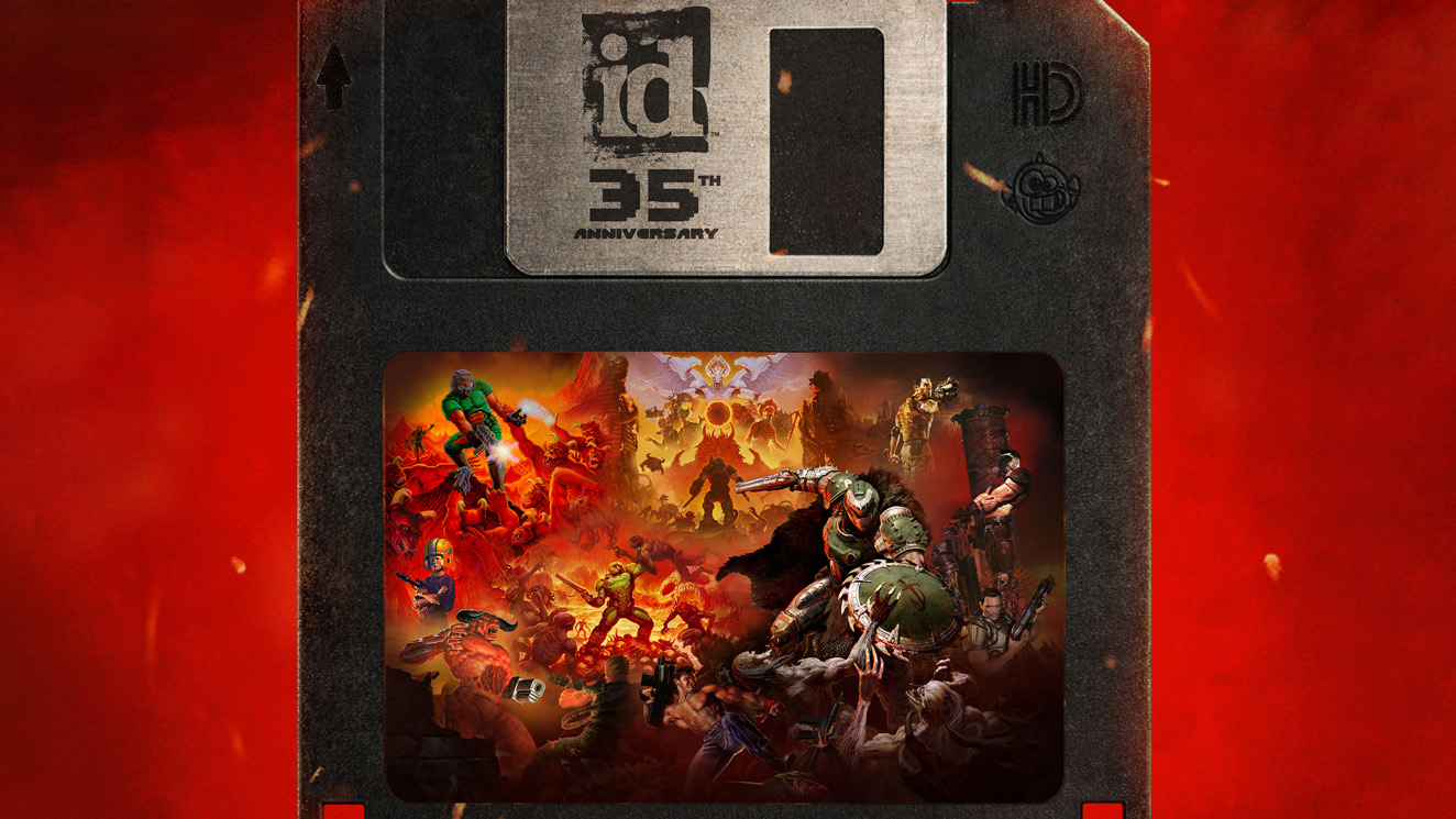 a floppy disk image created for id's 35th anniversary with art from multiple Doom games on it