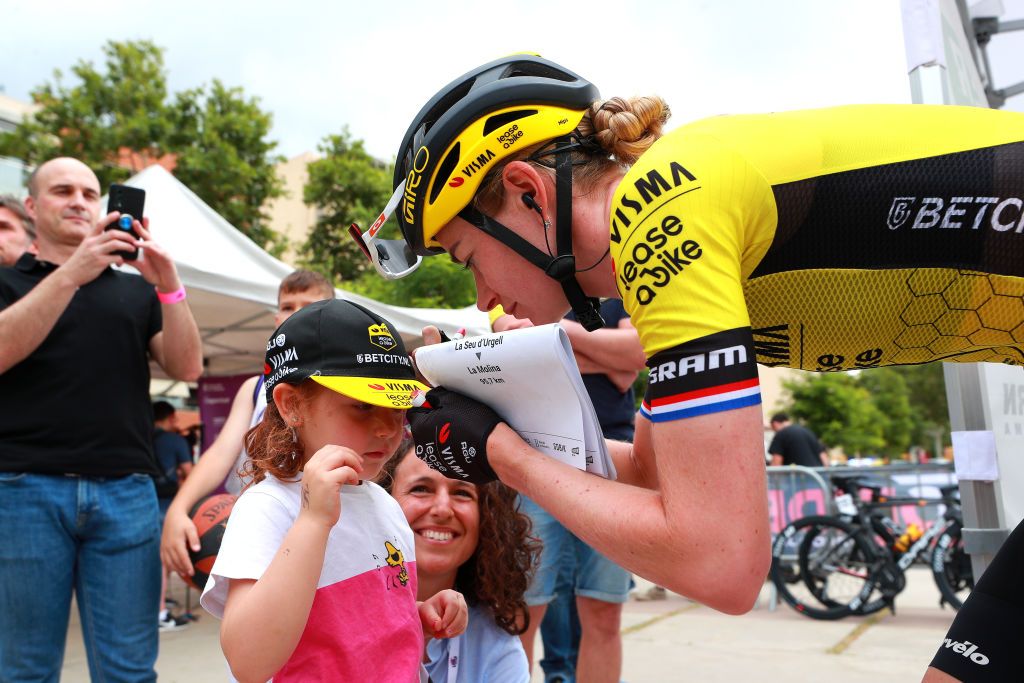 MOLINS DE REI SPAIN JUNE 09 Riejanne Markus of The Netherlands and Team Visma Lease a Bike meets the fans at start prior to the 5th Volta a Catalunya Femenina 2024 Stage 3 a 866km stage from Molins de Rei to Barcelona on June 09 2024 in Molins de Rei Spain Photo by Gonzalo Arroyo MorenoGetty Images