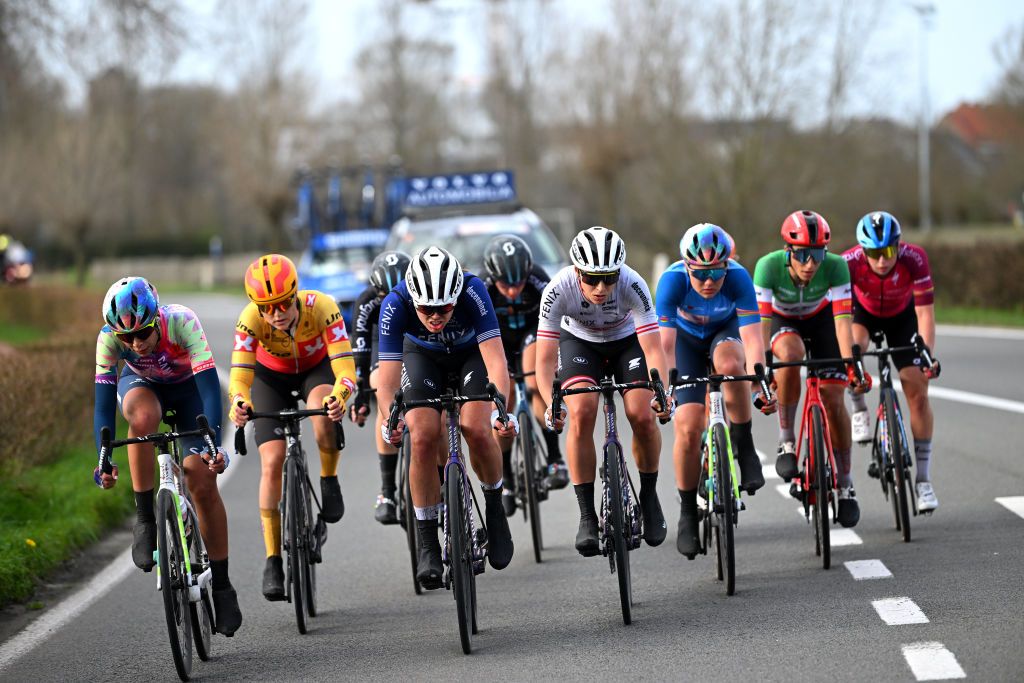 DE PANNE BELGIUM MARCH 23 LR Shari Bossuyt of Belgium and CanyonSram Racing Team Amalie Dideriksen of Denmark and UnoX Pro Cycling Team Julie De Wilde of Belgium and Team FenixDeceuninck Christine Schweinberger of Austria and Team FenixDeceuninck Maike Van Der Duin of The Netherlands and CanyonSram Racing Team Blue UCI Womens WorldTour Young Jersey Elisa Balsamo of Italy and Team Trek Segafredo and Lorena Wiebes of The Netherlands and Team SD Worx Pink UCI Womens WorldTour Leader Jersey compete in the breakaway during the 6th Exterioo Womens Classic BruggeDe Panne 2023 a 1631km one day race from Brugge to De Panne UCIWWT on March 23 2023 in De Panne Belgium Photo by Luc ClaessenGetty Images