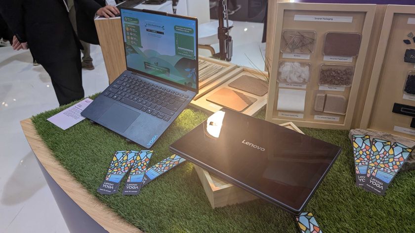 The Lenovo Yoga Solar PC concept laptop on Lenovo&#039;s expo stand at MWC 2025.